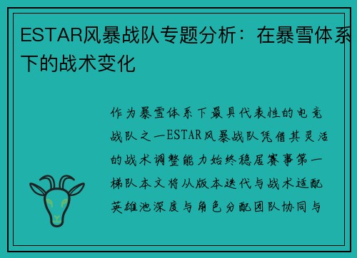 ESTAR风暴战队专题分析：在暴雪体系下的战术变化